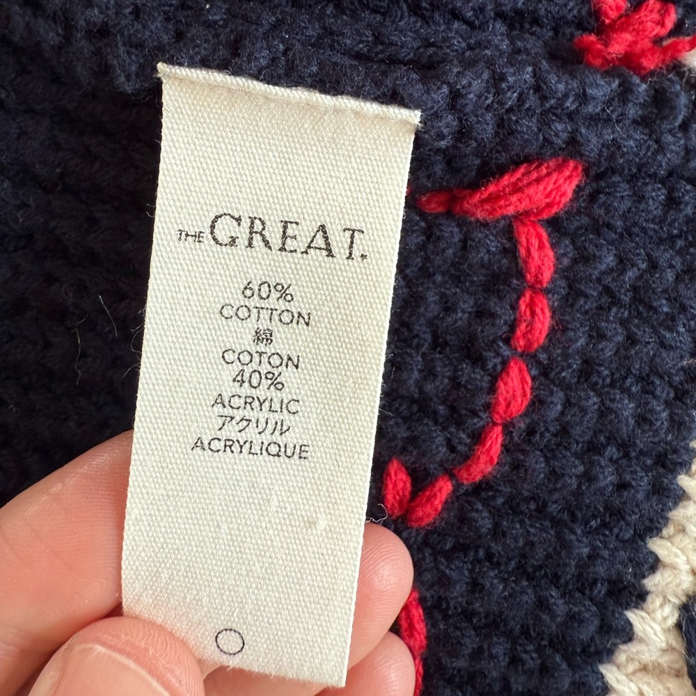THE GREAT. Navy Sailboat Knit Cardigan with Cream and Red Accents - Picture 3 of 13